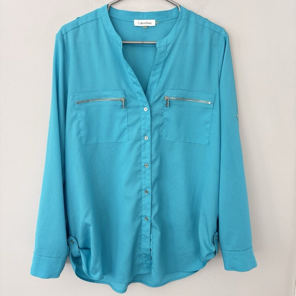 Calvin Klein Women’s Large Peacock Blue Roll Tab Long Sleeve Blouse Top Shirt